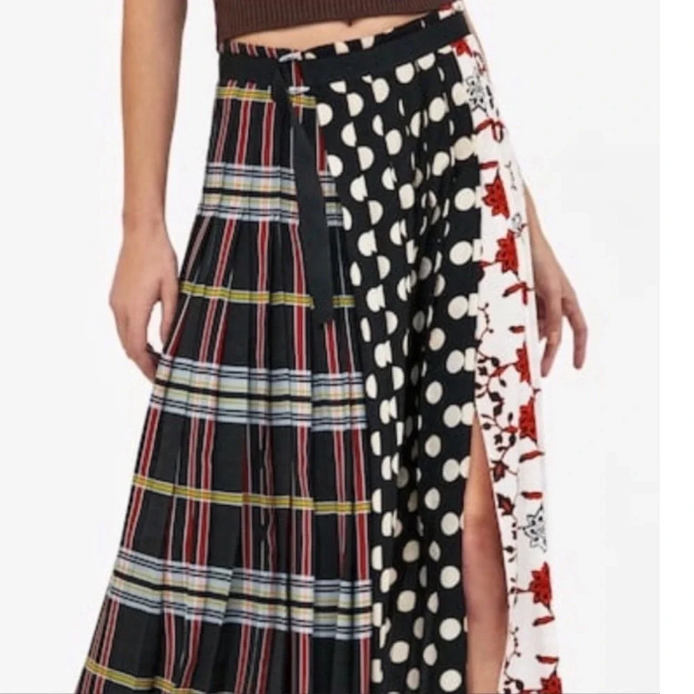 Zara Woman Mixed Print Pleated Midi Skirt Plaid Polka Dot Floral Black Red M - Picture 1 of 16